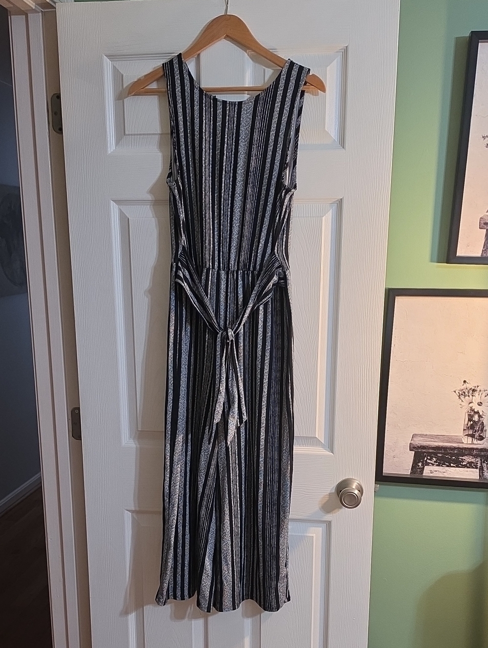 BCX Black and White Striped Sleeveless Maxi Dress with Tie-Waist